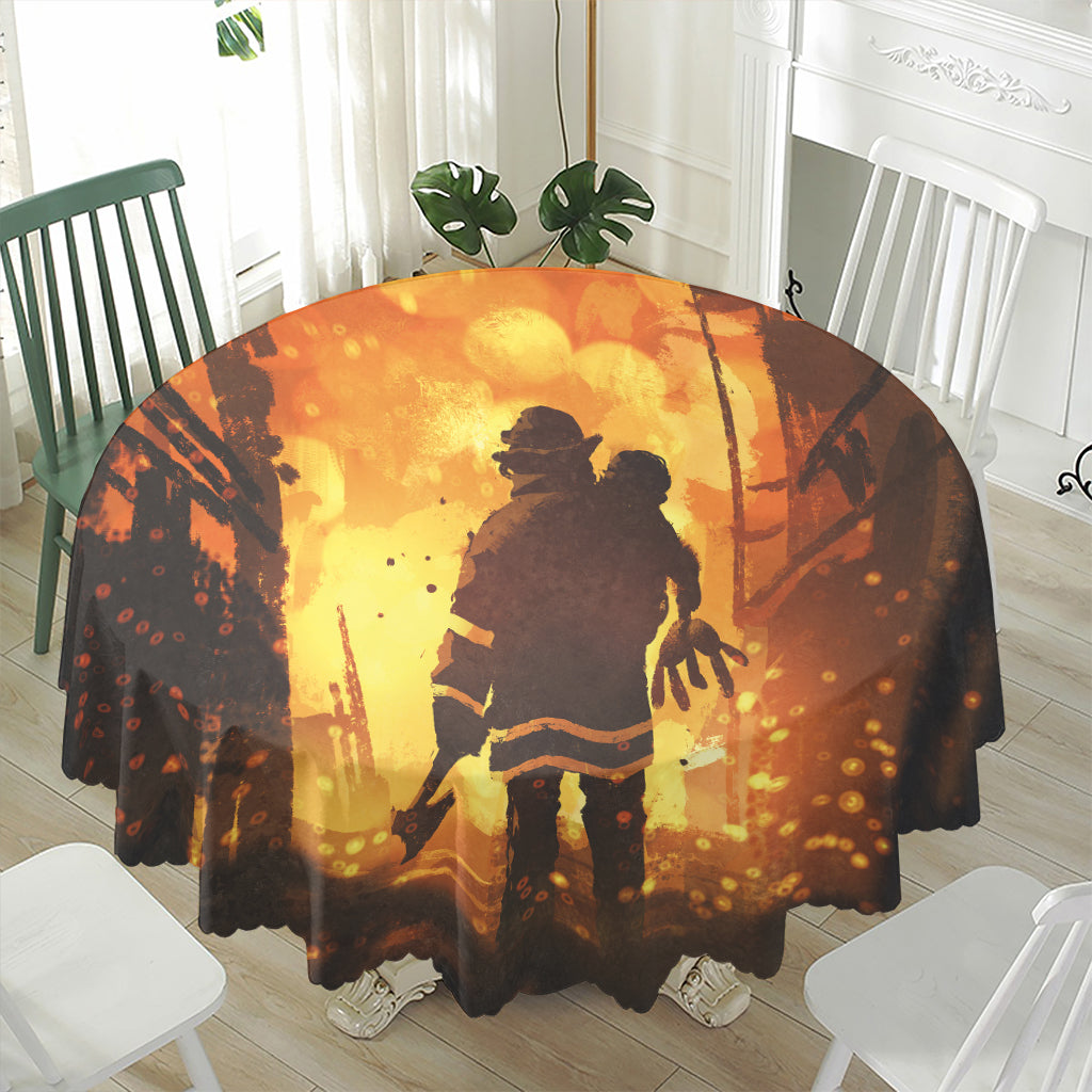 Brave Firefighter Painting Print Waterproof Round Tablecloth