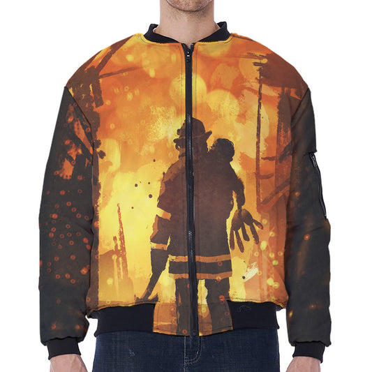 Brave Firefighter Painting Print Zip Sleeve Bomber Jacket