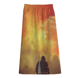 Brave Firefighter With Axe Print Cotton Front Slit Maxi Skirt