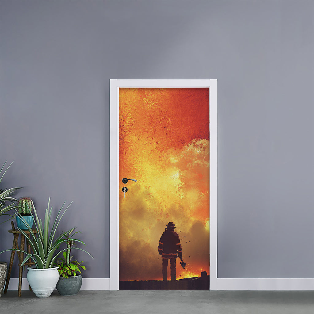 Brave Firefighter With Axe Print Door Sticker