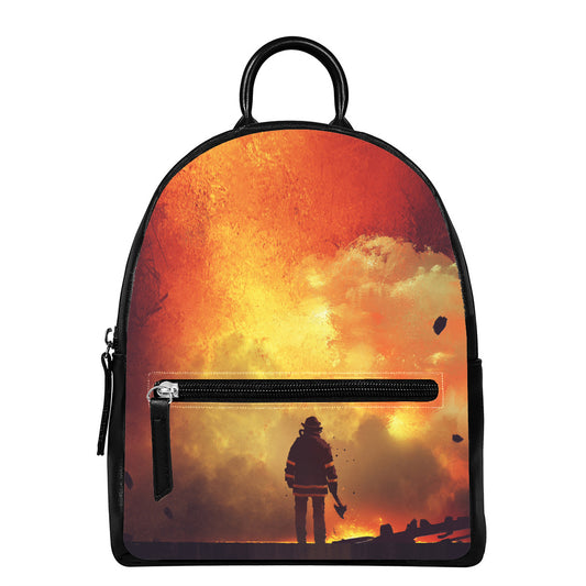 Brave Firefighter With Axe Print Leather Backpack