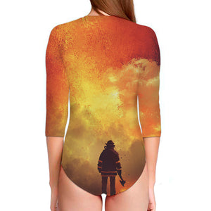 Brave Firefighter With Axe Print Long Sleeve Swimsuit