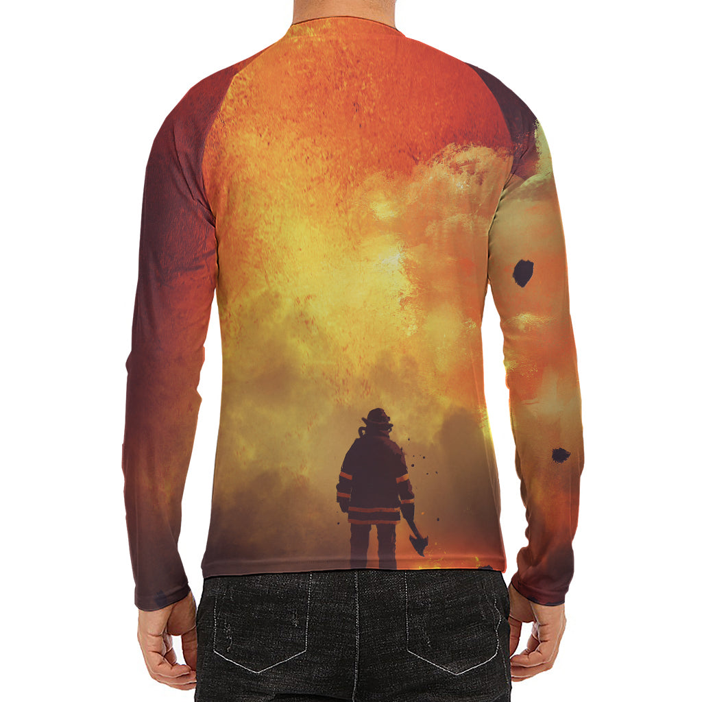 Brave Firefighter With Axe Print Men's Long Sleeve Rash Guard