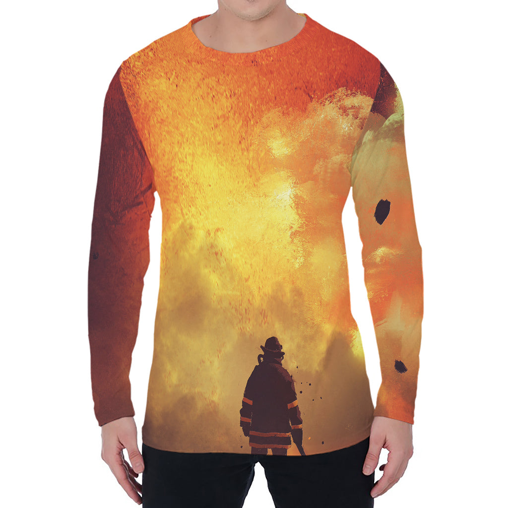 Brave Firefighter With Axe Print Men's Long Sleeve T-Shirt