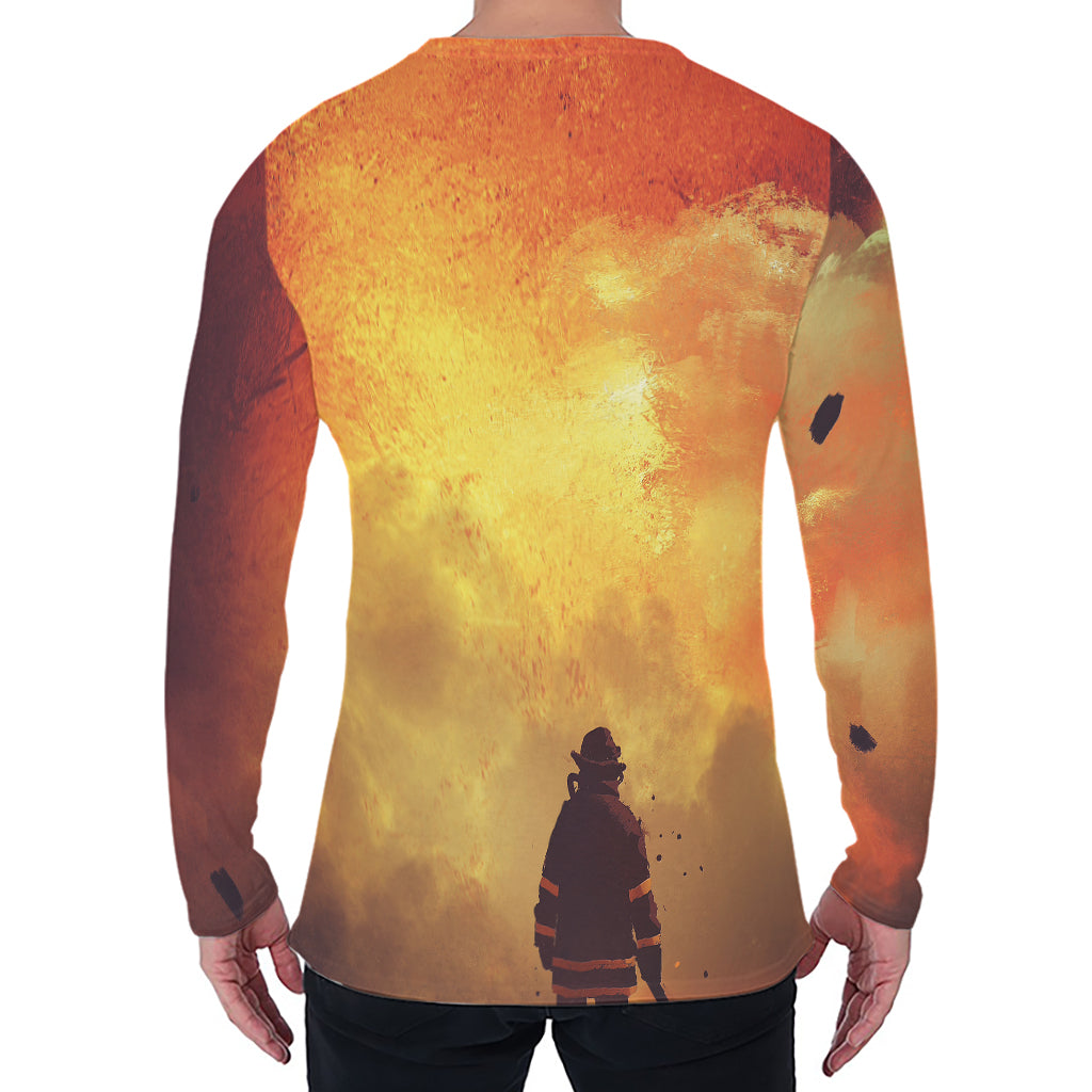 Brave Firefighter With Axe Print Men's Long Sleeve T-Shirt