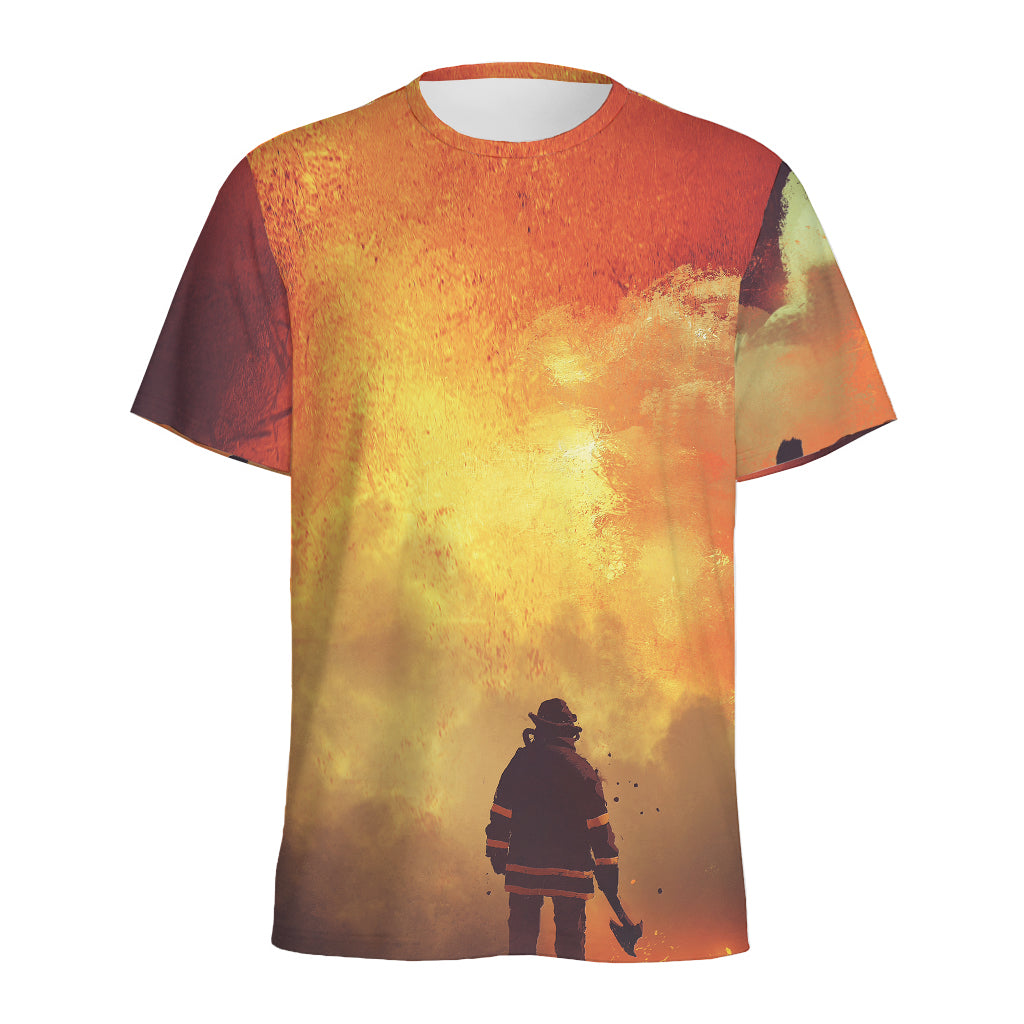 Brave Firefighter With Axe Print Men's Sports T-Shirt