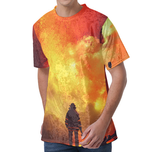 Brave Firefighter With Axe Print Men's Velvet T-Shirt
