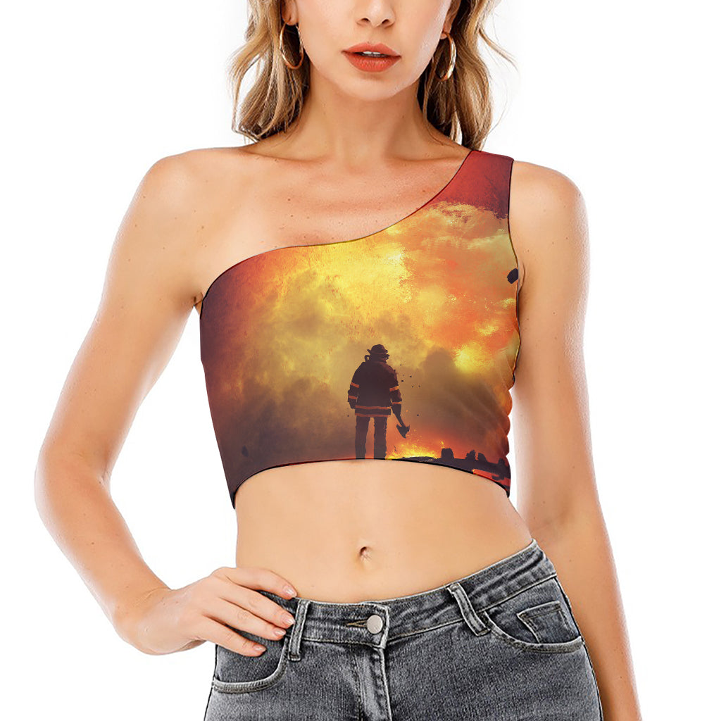 Brave Firefighter With Axe Print One Shoulder Crop Top