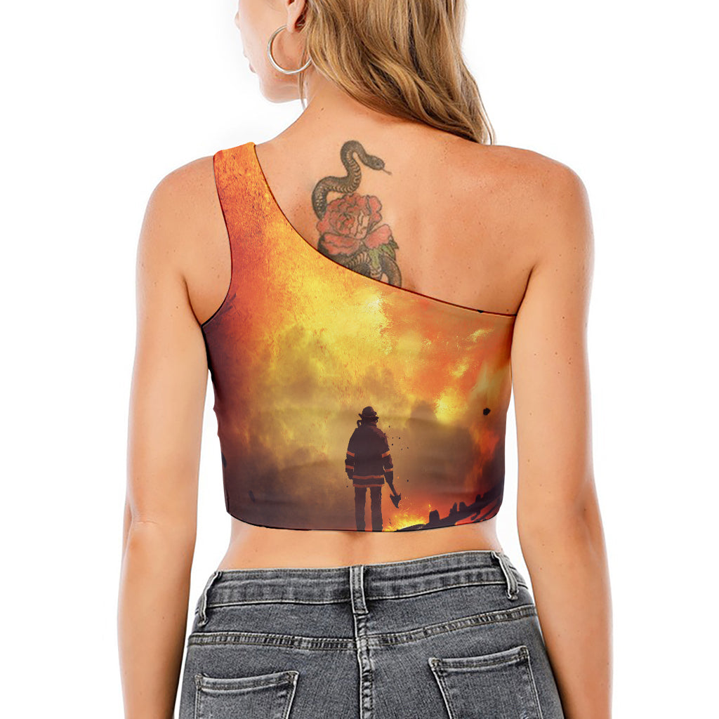 Brave Firefighter With Axe Print One Shoulder Crop Top