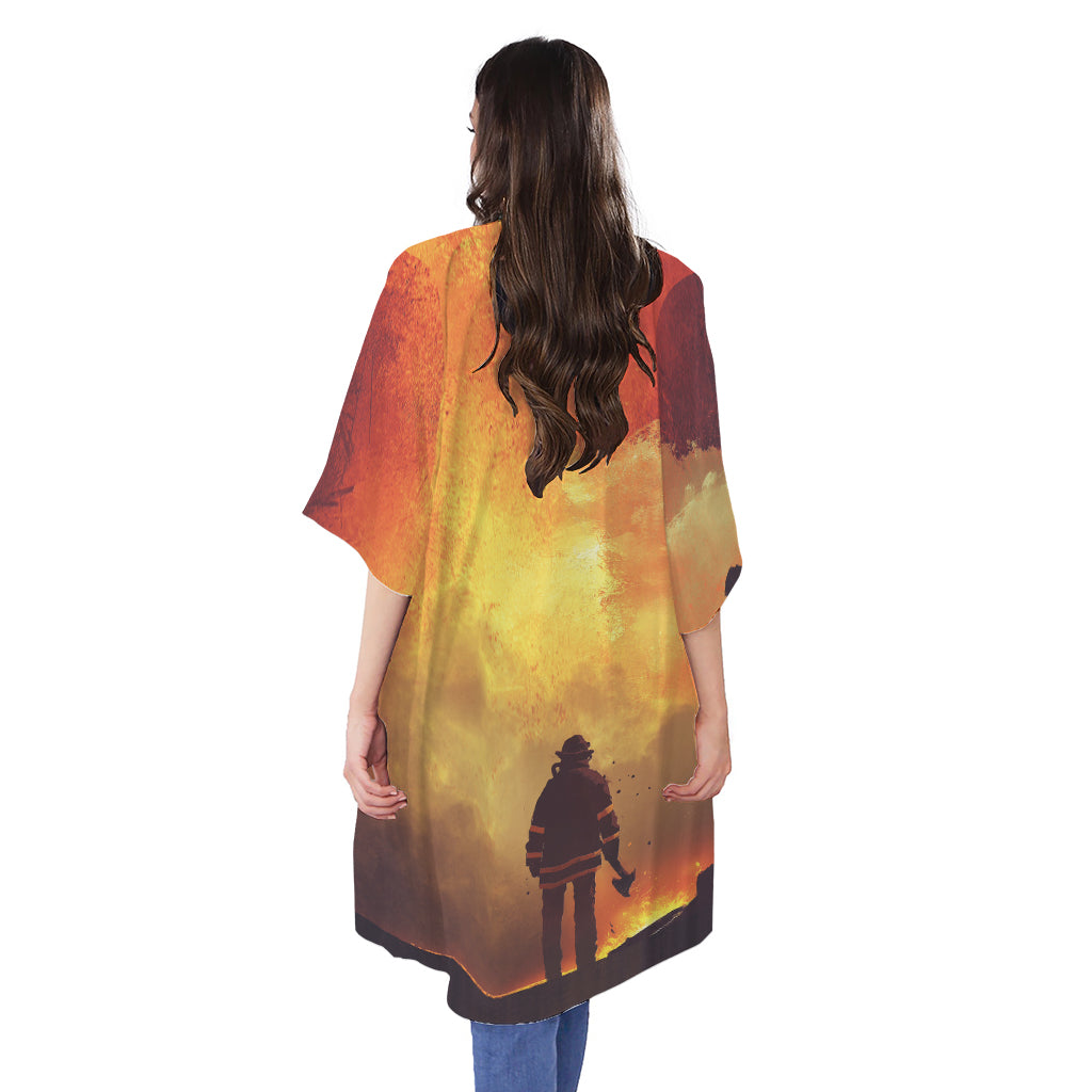 Brave Firefighter With Axe Print Open Front Beach Cover Up