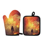Brave Firefighter With Axe Print Oven Mitt And Pot Holder Set