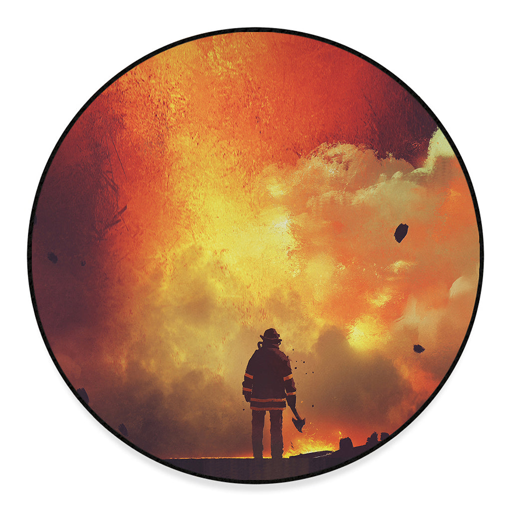 Brave Firefighter With Axe Print Round Floor Mat