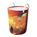 Brave Firefighter With Axe Print Round Laundry Basket