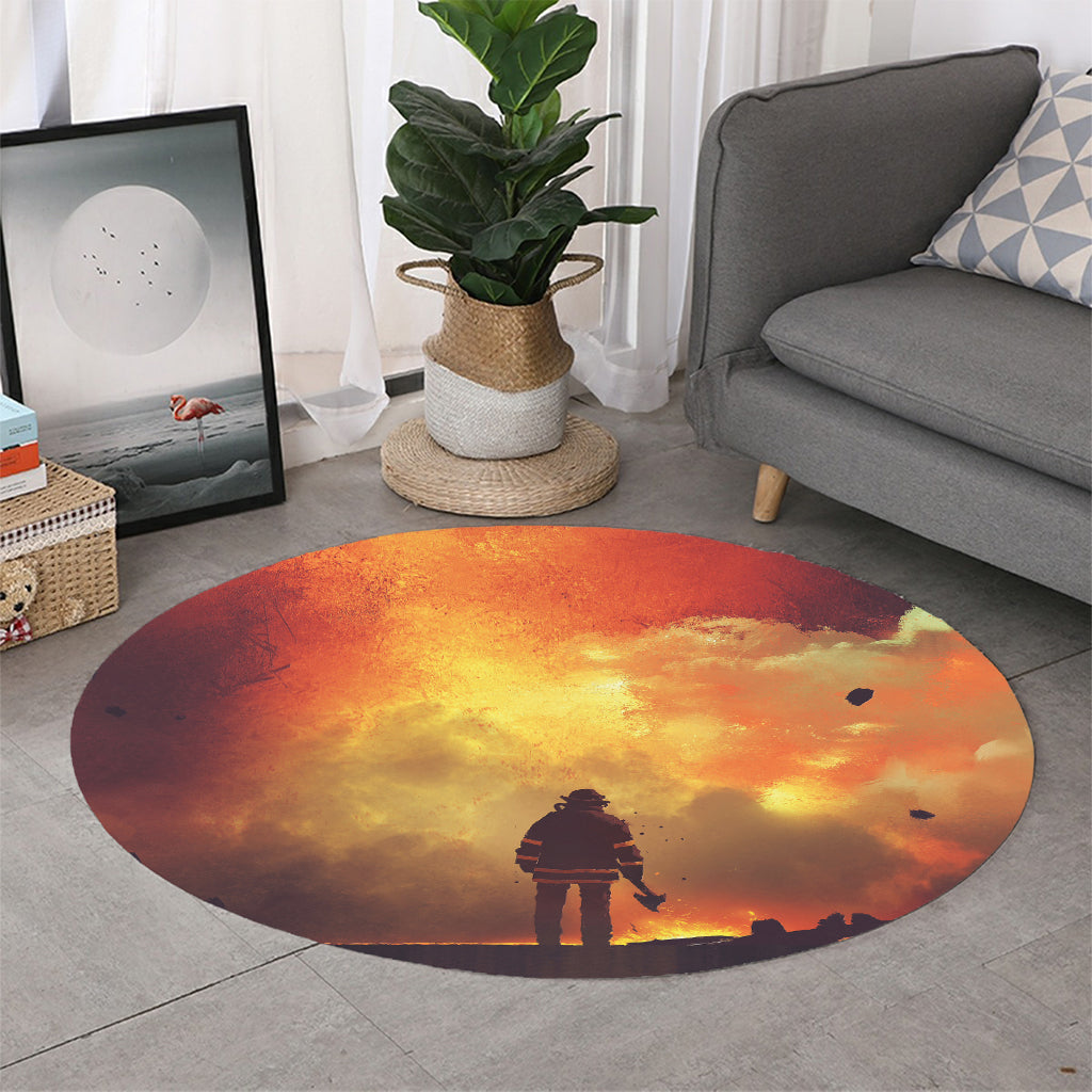 Brave Firefighter With Axe Print Round Rug