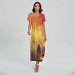 Brave Firefighter With Axe Print Short Sleeve Maxi Dress