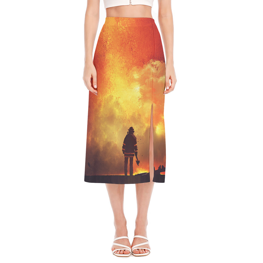 Brave Firefighter With Axe Print Side Slit Midi Skirt