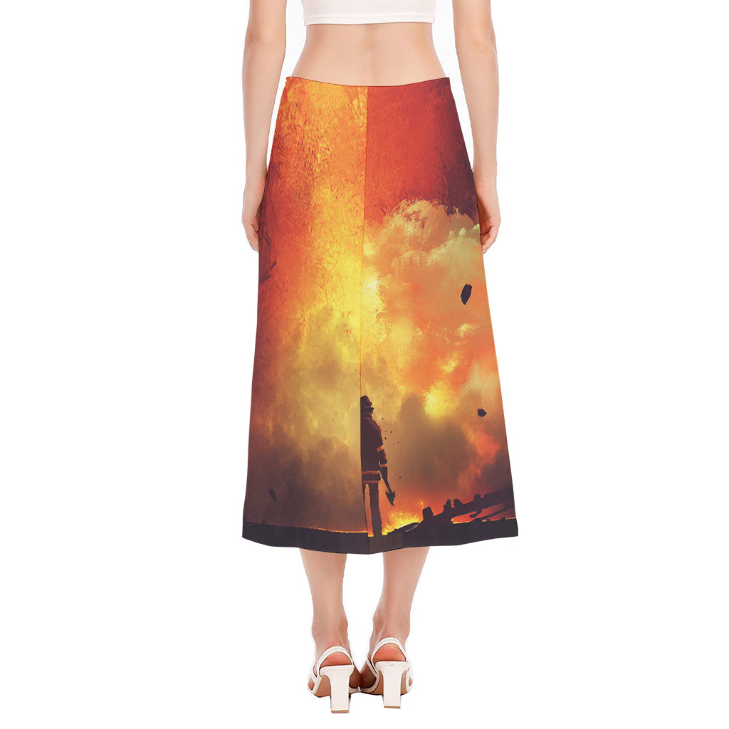 Brave Firefighter With Axe Print Side Slit Midi Skirt