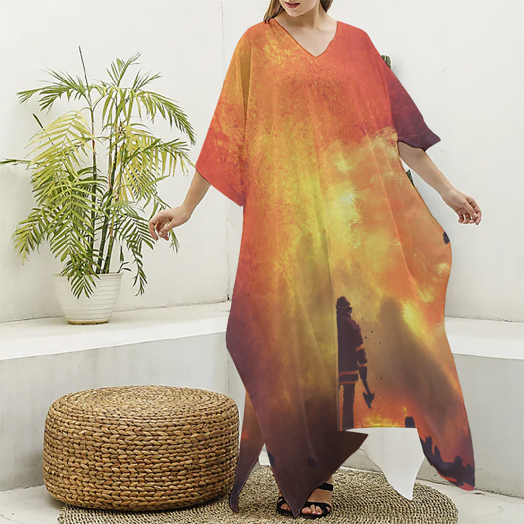 Brave Firefighter With Axe Print Silk V-Neck Kaftan Dress