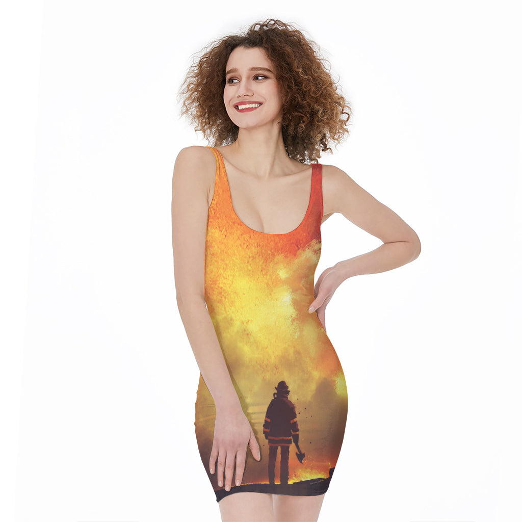 Brave Firefighter With Axe Print Sleeveless Bodycon Dress