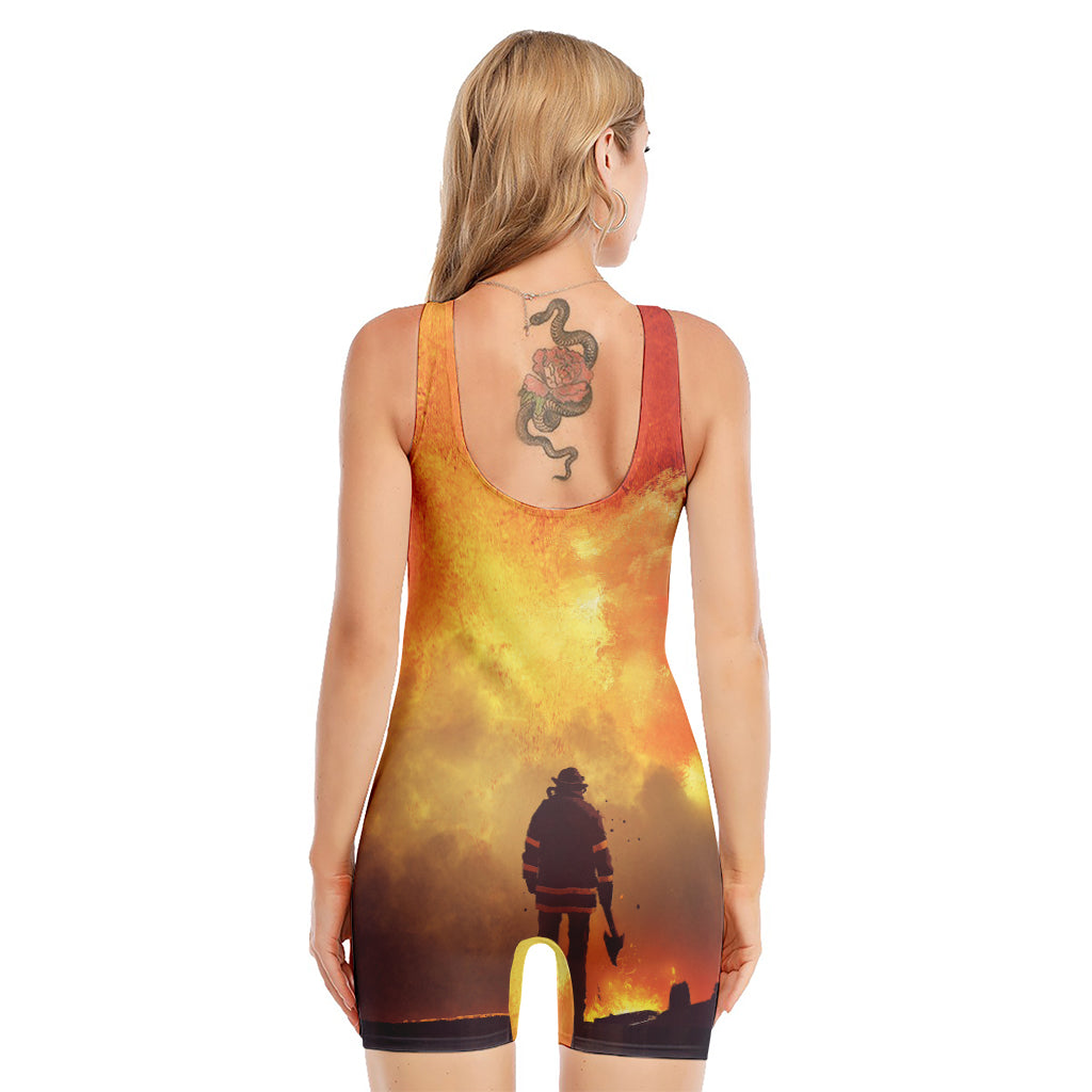 Brave Firefighter With Axe Print Sleeveless One Piece Swimsuit