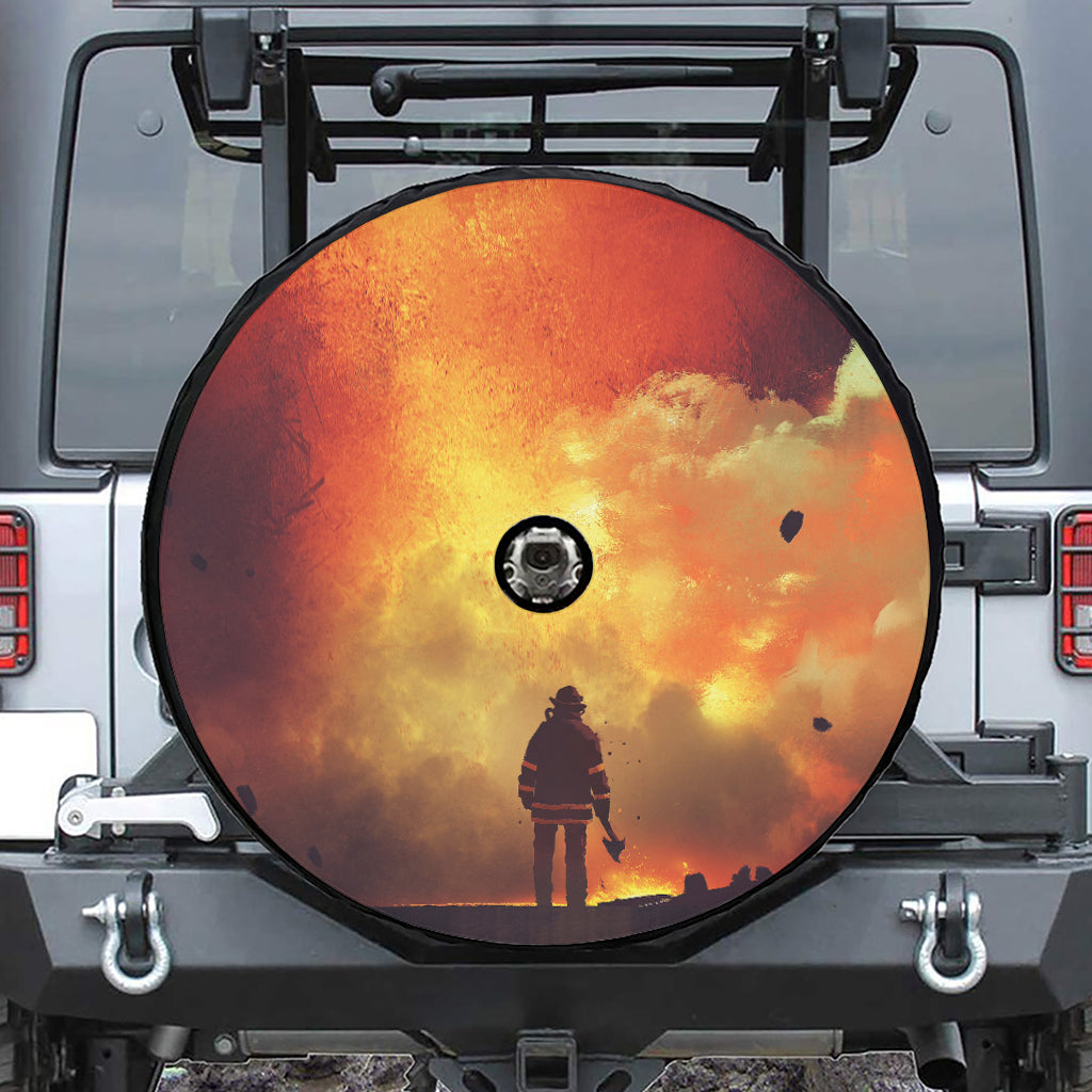 Brave Firefighter With Axe Print Tire Cover With Camera Hole