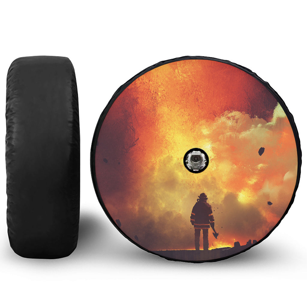 Brave Firefighter With Axe Print Tire Cover With Camera Hole