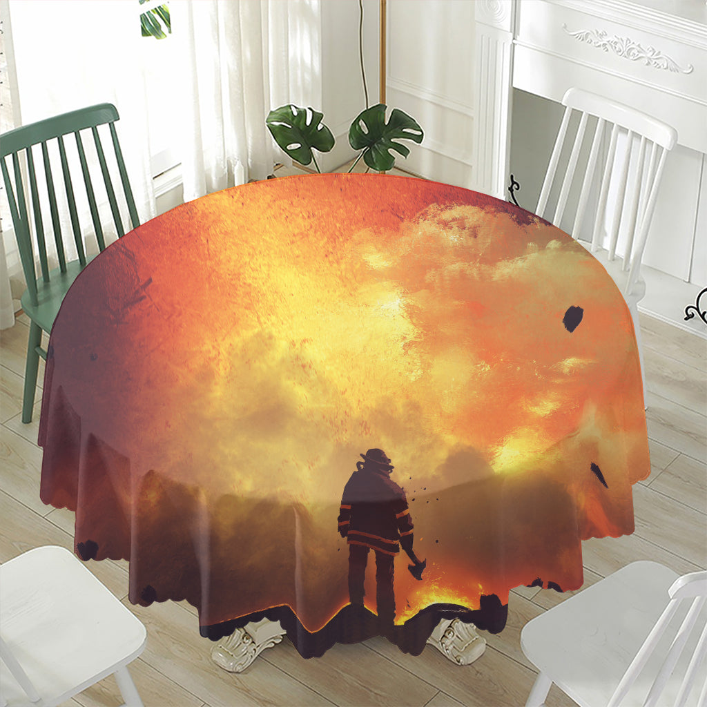 Brave Firefighter With Axe Print Waterproof Round Tablecloth