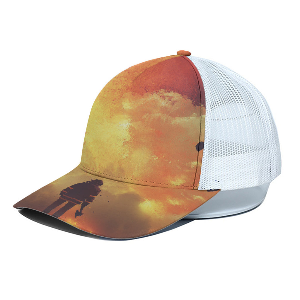 Brave Firefighter With Axe Print White Mesh Trucker Cap