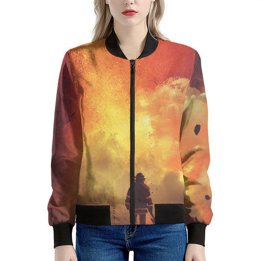 Brave Firefighter With Axe Print Women's Bomber Jacket