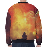 Brave Firefighter With Axe Print Zip Sleeve Bomber Jacket