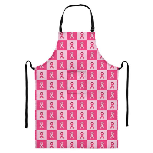 Breast Cancer Awareness Pattern Print Bib Apron With Pocket