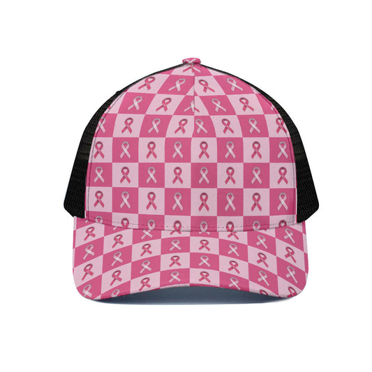 Breast Cancer Awareness Pattern Print Black Mesh Trucker Cap