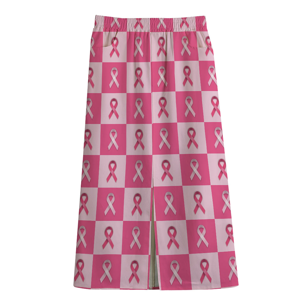 Breast Cancer Awareness Pattern Print Cotton Front Slit Maxi Skirt