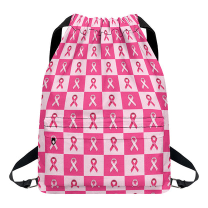 Breast Cancer Awareness Pattern Print Drawstring Backpack