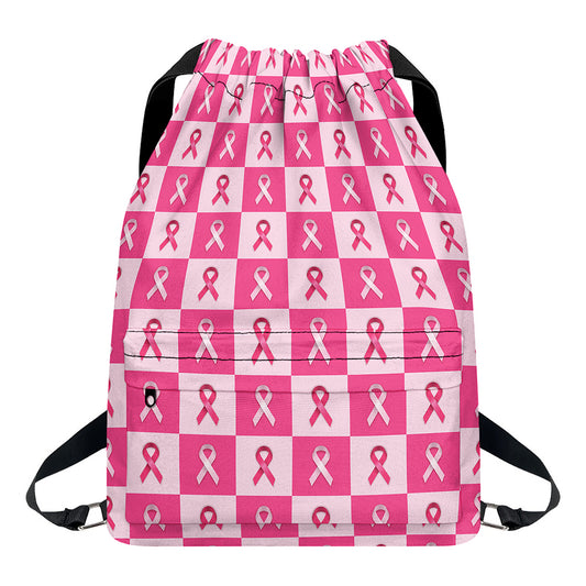 Breast Cancer Awareness Pattern Print Drawstring Backpack