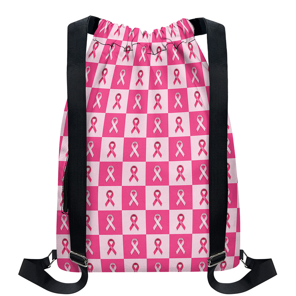 Breast Cancer Awareness Pattern Print Drawstring Backpack