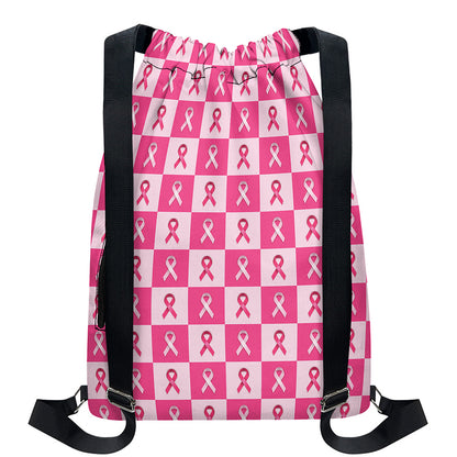 Breast Cancer Awareness Pattern Print Drawstring Backpack
