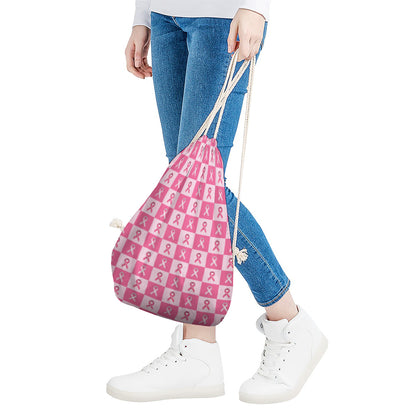 Breast Cancer Awareness Pattern Print Drawstring Bag