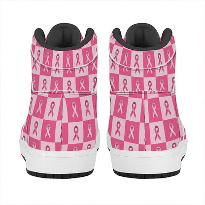 Breast Cancer Awareness Pattern Print High Top Leather Sneakers