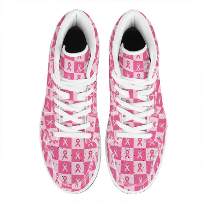 Breast Cancer Awareness Pattern Print High Top Leather Sneakers