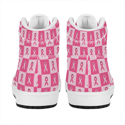 Breast Cancer Awareness Pattern Print High Top Leather Sneakers