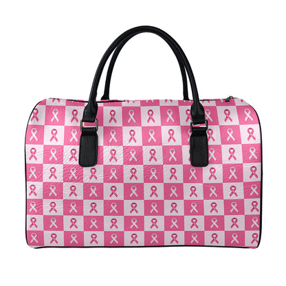 Breast Cancer Awareness Pattern Print Leather Duffle Bag
