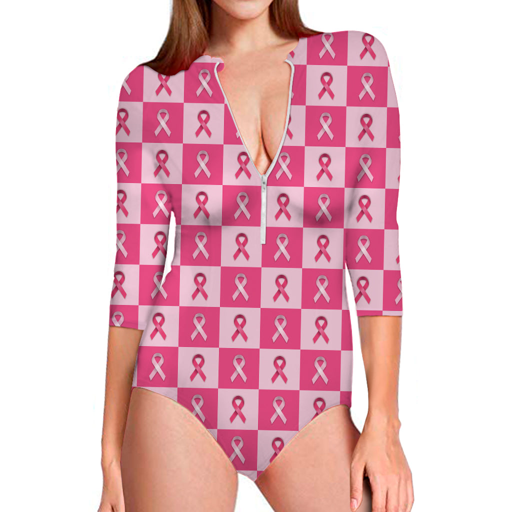 Breast Cancer Awareness Pattern Print Long Sleeve Swimsuit