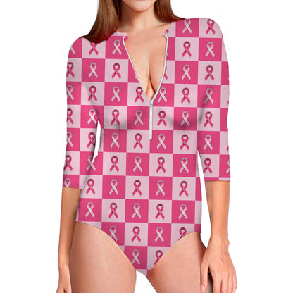Breast Cancer Awareness Pattern Print Long Sleeve Swimsuit