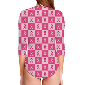 Breast Cancer Awareness Pattern Print Long Sleeve Swimsuit