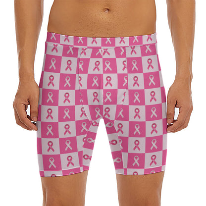 Breast Cancer Awareness Pattern Print Men's Long Boxer Briefs