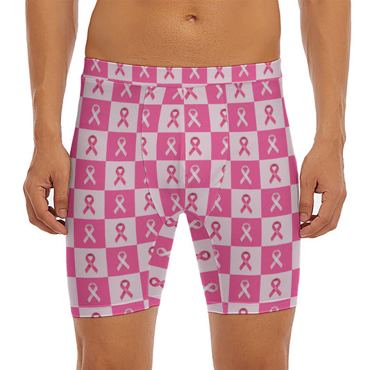 Breast Cancer Awareness Pattern Print Men's Long Boxer Briefs