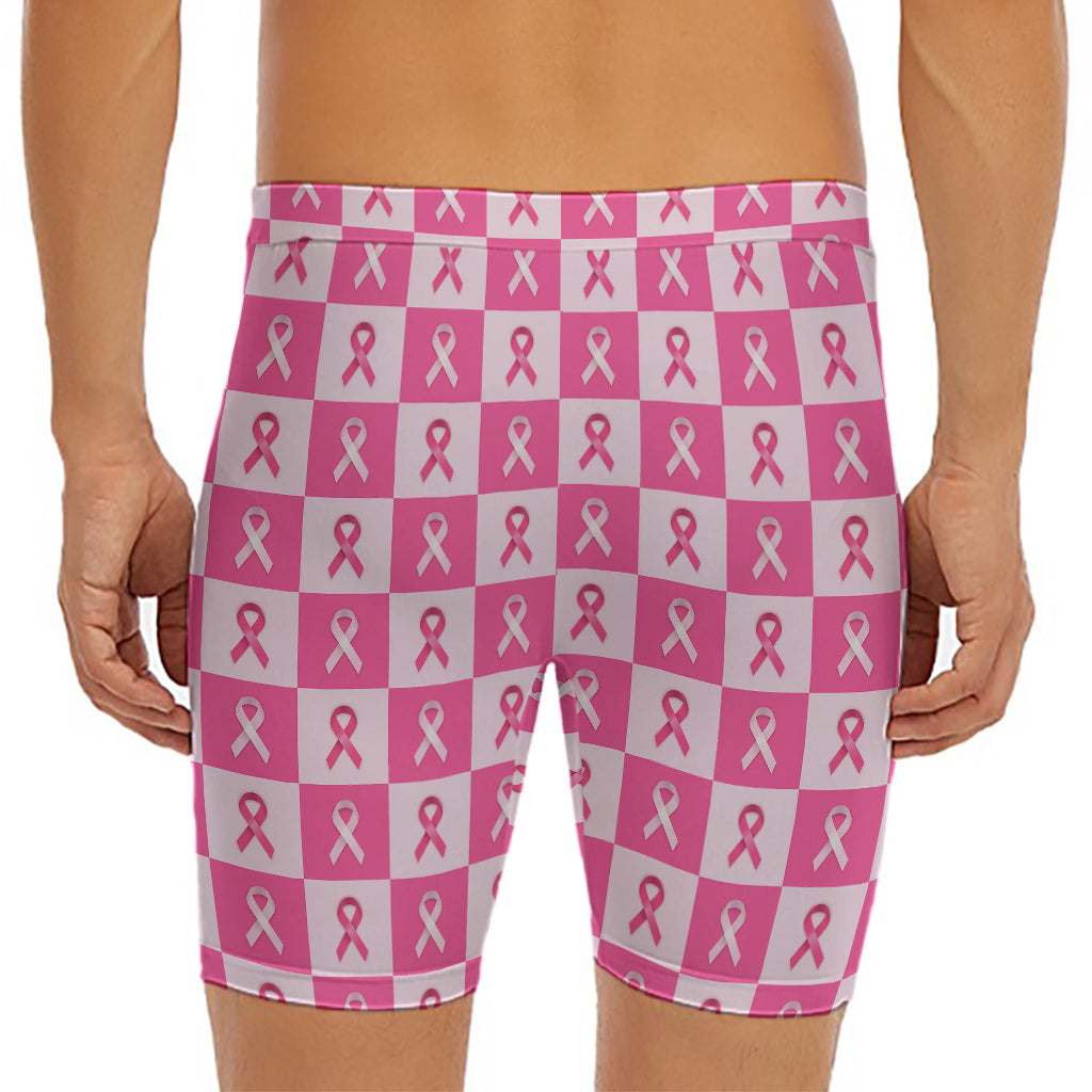 Breast Cancer Awareness Pattern Print Men's Long Boxer Briefs