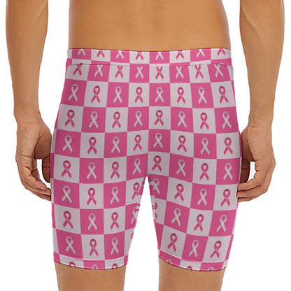 Breast Cancer Awareness Pattern Print Men's Long Boxer Briefs