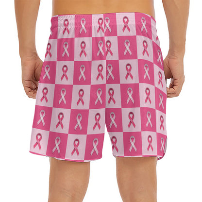 Breast Cancer Awareness Pattern Print Men's Split Running Shorts